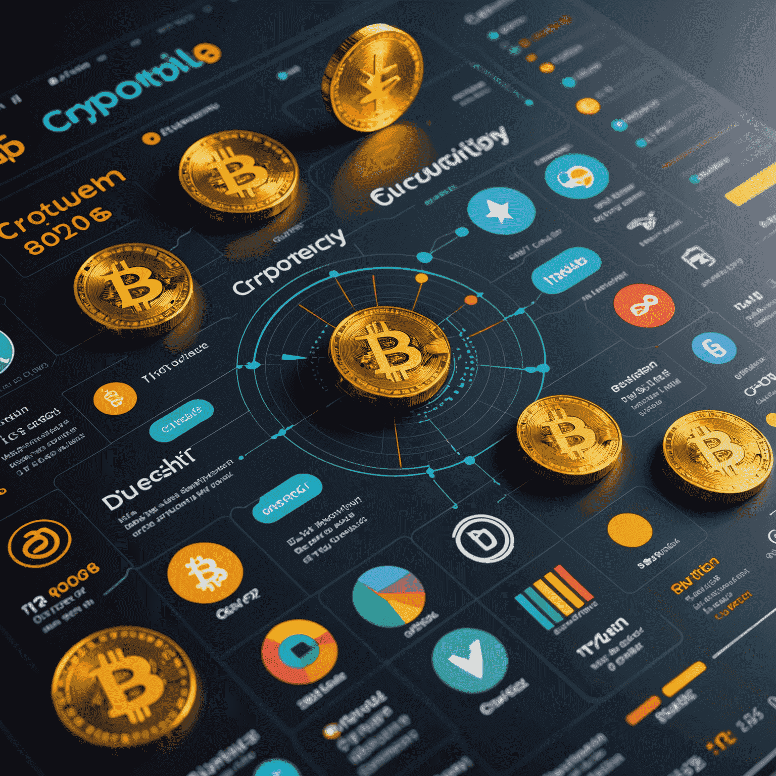Инфографика, показывающая ключевые элементы анализа криптовалютного рынка: графики, индикаторы, новостные ленты и инструменты анализа на фоне логотипов популярных криптовалют